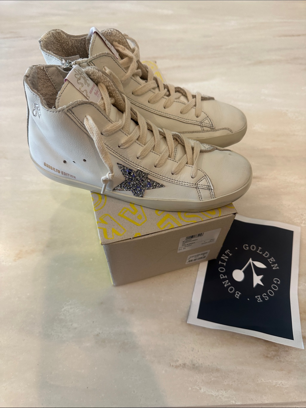 Big Girlsgolden Goose Kids Cream High-Top Sneakers With Silver Glitter Star